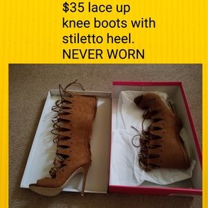 Peep toe lace up knee boots with stiletto heels